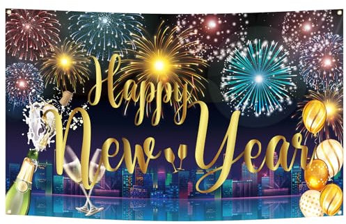 Bannière de Bonne Année, 180 x 110cm Extra Large Bannière de Fête du Nouvel An Toile de Fond du Nouvel An Panneau du Nouvel An Suspendu pour Fournitures de Fête du Nouvel An