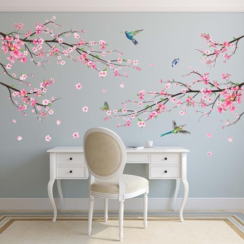 Amimagen Pink Watercolor Cherry Blossom Wall Stickers - Tree Branch Flower Birds Wall Decals - Bedroom Living Room Sofa TV Background Home Wall Decor