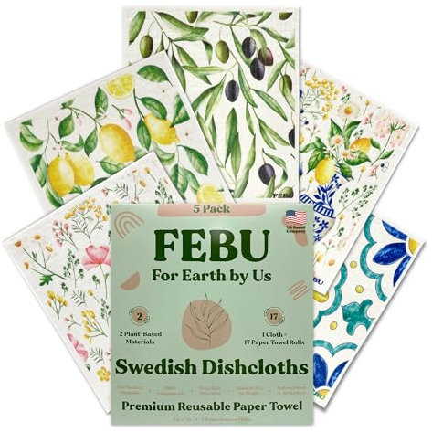 FEBU Swedish Dishcloths for Kitchen | 5 Pack Italian Summer Reusable Paper Towels Washable | Swedish Dish Towels | Non-Scratch Cellulose Sponge Cloths | No Odor, Biodegradable Cleaning Cloths