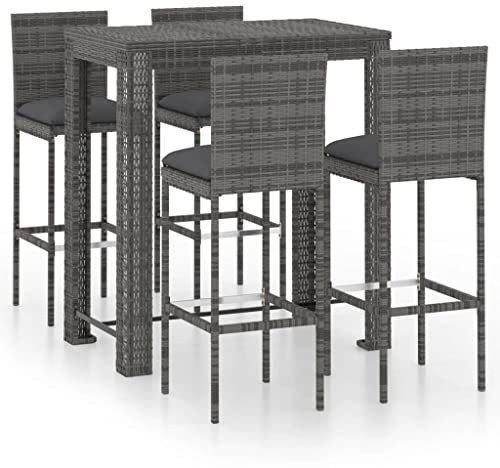 Makastle 5-teilig Gartenbar Set mit Kissen, Garten Sitzgruppe Essgruppe Stehtisch Barstühlen Gartenmöbel, Bartisch mit Barhocker Set für Garten Rasen, Poly Rattan Grau