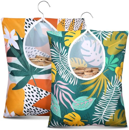 Woanger 2 Pcs Clothes Pin Bag Clothespin Holder 15 x 11 in to Hang on Line Clothes Pin Hanging Bag for Clothesline Outdoor Storage Organizer Basket with Large Opening(Leaves Style)