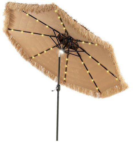 GOPLUS Sombrilla de Paja Hawaiana 270 cm con Techo Doble, Sombrilla Playa con 32 Luces LED, Botón para Inclinación, Protección UV, Parasol Terraza Plegable sin Base (Natural+Luz blanca fría, 270 cm)
