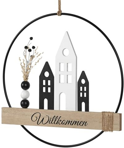 QILICZ Trockenblumenkranz Türkranz Herzlich Willkommen Türkranz Trockenblumen Türkranz personalisiert Dekokranz ø28cm mit Willkommensschild Trockenblumen und Haus