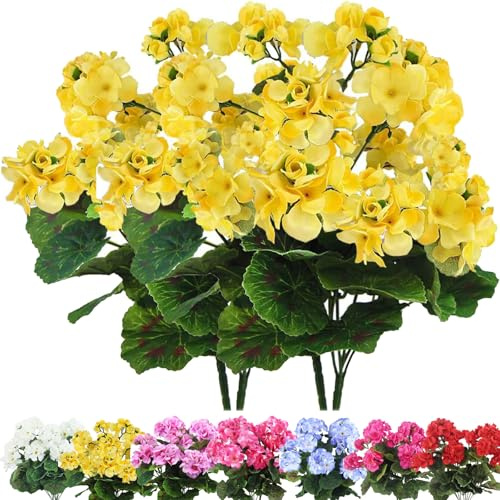 Künstliche Geranien, 35,6 cm, Seiden-Geranie, UV-beständig, kein Verblassen, Kunstblumen, volle Blüten, Seidenblumensträucher für Innen- und Außendekoration, 4 Stück, Gelb