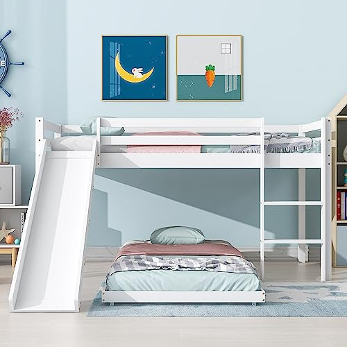 Huayz Cabin Bed Frame with Slide & Ladder, Bunk Bed for with Adjustable Ladder and Slide, Adjustable Lower Bed (White, 190x90cm+200x90cm)
