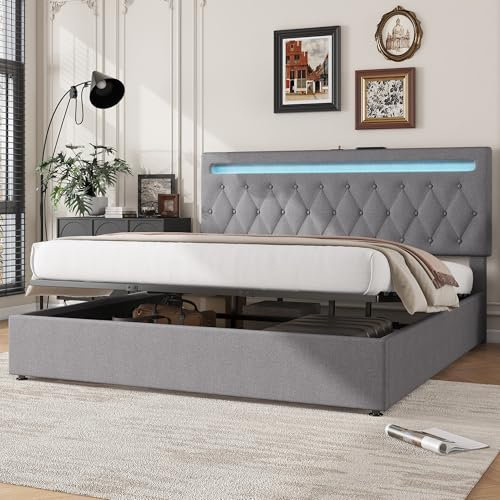 Dolamaní Doppelbett 180x200 cm, Boxspringbett mit großer Stauraum Bettkasten, Bett kann angehoben, Polsterbett, Funktionsbett, Grau