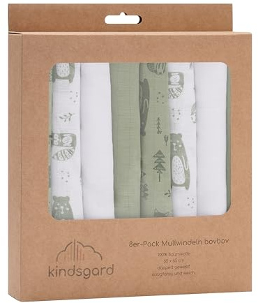 Kindsgard Mullwindeln – Oliv – 8er-Pack aus 100% Baumwolle – extra saugfähig, weich & atmungsaktiv – Spucktücher & Alltagshelfer – Unisex Baby Basics – ideal für Neugeborene & unterwegs (8er Oliv)