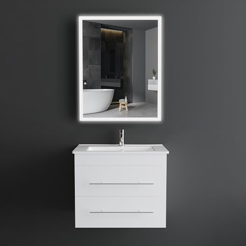 Alpenberger Badezimmerschrank mit Spiegel | Waschbeckenunterschrank Hängend mit 2 Schubladen | Waschbecken mit Unterschrank | Badspiegel mit Beleuchtung | Badezimmer Set (Weiß, 60 cm breit)