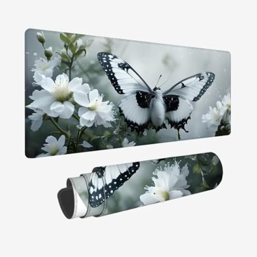 Tapis de Souris XXL 900x400x3mm,Tapis de Souris Blanc sous Main Bureau,Tapis Souris Papillon Tapis de Souris Gamer,Tapis Souris Gamer Imperméable Antidérapante,sous-Mains pour Bureau/Gamer JC-755