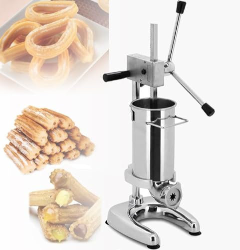 GAYAYAS Macchina per Churro Manuale, Macchina per Ciambelle alla Frutta Latina Commerciale da 2L/3L, con 5 stampi, Attrezzatura per ripieni di Crema per Churro in Acciaio Inossidabile,2L