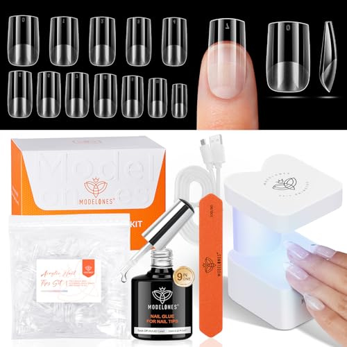 modelones Nageltips and Glue Gel Kit, Kurzer Quadrat Full Cover Nail Tips Set, 9 in One Nagelkleber & Uv Lampe Klein, 216 Pcs 12 Größen Nagel Tips Set für Nagelverlängerung DIY Salon Geschenke