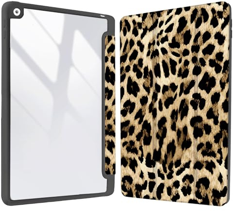 Vozehui 10.2 Zoll schwarzer Leopard Print Fall für iPad 9th/8th/7th Generation Fall mit klarer Rückseite Shell mit Bleistifthalter,iPad Schutzhülle mit Auto Sleep Wake für 10.2 Zoll 2021/2020/2019