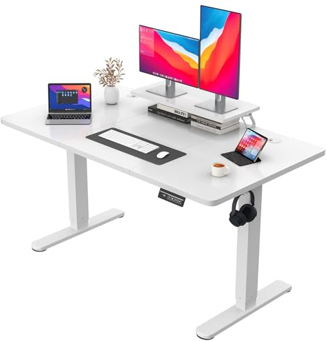 JUMMICO 140 x 60 cm Höhenverstellbarer Schreibtisch mit Monitorständer | Schreibtisch Höhenverstellbar Elektrisch mit Flexiblem Regal, Steh-Sitz Tisch, Bürotisch Stehschreibtisch, Weiß