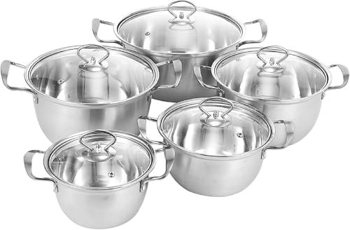 5pcs Stainless Steel Pot Professional Induction-Safe Stainless Steel Pot with Glass Lid Not-Sticky Hot Pot Double Ear Soup Pot for Most Hob Types