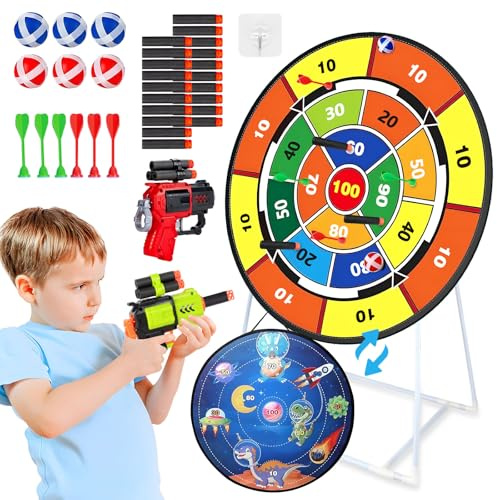 Dartscheibe Wurfspiel für Kinder ab 3, 29 Doppelseitige Klett Dartspiel Montessori Spielzeug mit 2 Blaster Gun, Indoor Outdoor Wurfspiel Gartenspielzeug Geburtstagsgeschenke für Jungen Mädchen
