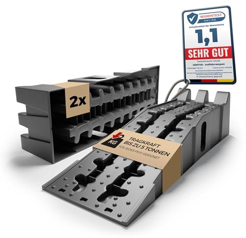 Auffahrrampe 2er Set für PKW, Auto & Anhänger – KFZ Rampe bis 5 Tonnen belastbar – Auffahrhilfe für Wohnmobil, Garage & Werkstatt – Hochbelastbar als Wagenheber-Alternative