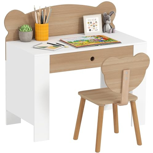 AIYAPLAY Escritorio Infantil con Silla Osito para Niños con Cajón Natural