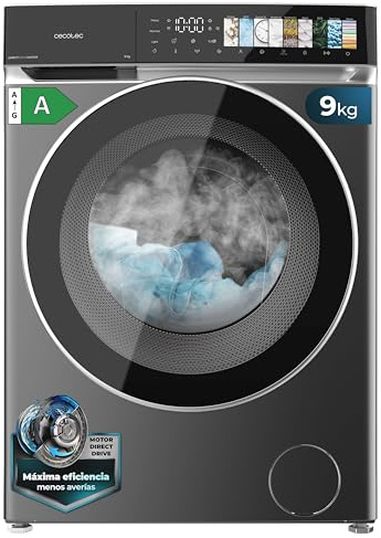 Cecotec Lave-Linge Frontal 9Kg Bolero DressCode 9970 Direct Drive Steel | 1400RPM, 11 Programmes, Écran FullColor, Porte XXL, Fonction Vapeur, Lumière Intérieure, Stop&Go, Acier