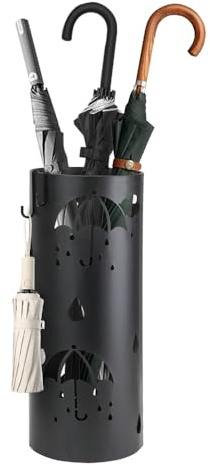 DIBALIYI Umbrella Stand, Metal Umbrella Holder for Entryway, Black Round Umbrella Organizer Bin with 2 Hooks, Free Standing Umbrella Rack for Home Office Hotel Indoor and Supermarket, 17 x 7 Inch