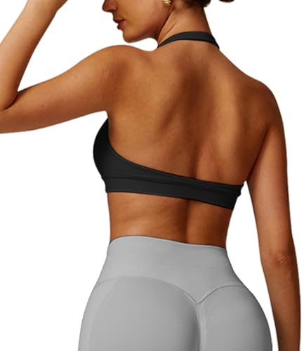 JN JANPRINT Workout Sports Bras for Women Halter Neck Impact Bra Padded Open Back Seamless Bralette Gym Bra Yoga Crop Top Black