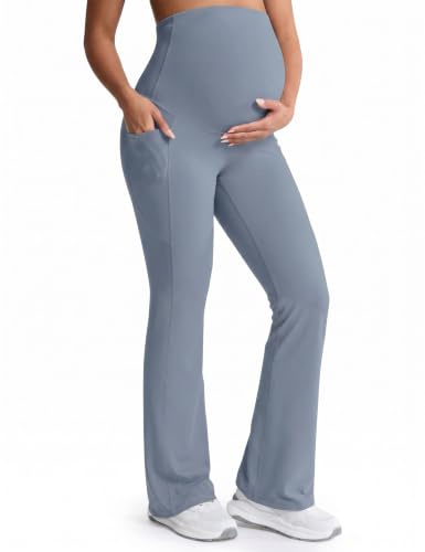 Mama Land Buttery Soft Maternity Flare Leggings Over The Belly 32/34 - Workout Yoga Pregnancy Pants with Pockets