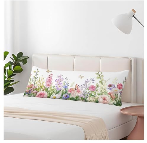 Wsenltvy Couch Body Pillow Cover Wild Flowers Bedding Body Pillow Case for Men Women, Spring Flower Herbs Butterfly Oblong Pillow Covers Throw Cushion Cases for Home Sofa Livingroom 20X 54