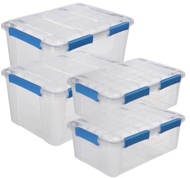 Kreher® Aufbewahrungsbox IP67 wasserdicht & staubdicht - stapelbare Kunststoffbox mit Deckel, UV-beständig, transparent für Haushalt, Garage, Werkstatt & Camping. (Set 4: 2 x 75L + 2 x 32L)