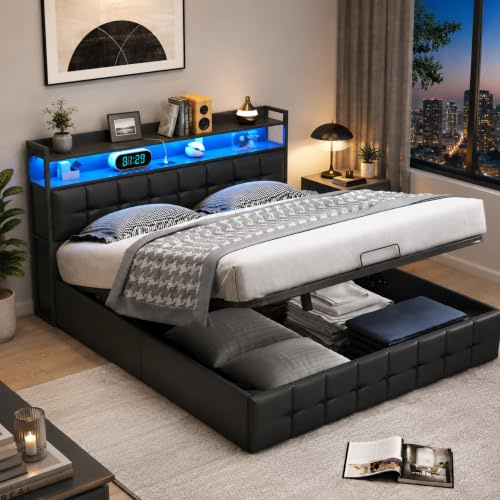 BAJKNIU Polsterbett 160x200 mit LED-Beleuchtung, Bett mit stauraum und Lattenrost, Kopfteil mit USB Typ-C Ladefunktion & Hydraulisch, Doppelbett 160x200, PU Schwarz, Ohne Matratze