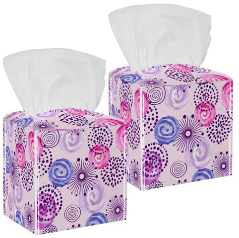 Lot de 2 boîtes à mouchoirs carrées, aquarelle, violet, lilas, rose, cercles en spirale, motif floral, distributeur de papier pour coiffeuse, commode, table de chevet, comptoir