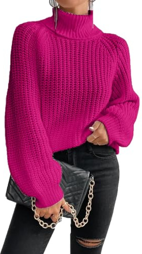 Shuade Suéter de invierno de cuello alto para mujer, a la moda, de poliéster, de gran tamaño, diseño de manga larga, tejido de cable, casual, ajuste holgado, ropa de punto de invierno, fucsia