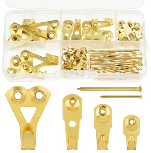AYESY Colgadores de Cuadros Kit, 34 Piezas Ganchos Resistentes de Marcos de Fotos con Clavos Ganci da Parete Antitraccia 10 - 50 libras para Colgar Fotos Lienzo Reloj Espejo Obra de Arte Dorados