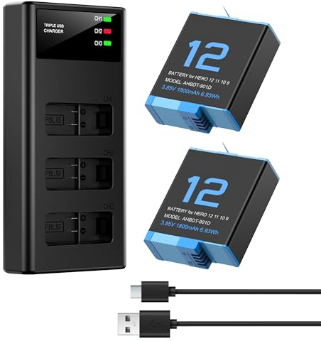 ENEGON Triple Chargeur Kit - 2 Batteries Lithium-ION pour Hero 12/11/10/9 Black (Pack Complet: Chargeur 3 canaux + 2 Batteries)