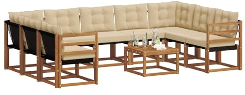 vidaXL Outdoor-Sofagarnitur 10 pcs Natur und Beige Massivholz Akazie, Akazienholz Gartenmöbelset, moderner Sofa für draußen, Bequeme Lounge mit Textilene-Rückenlehne, braune Couch
