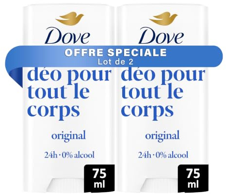 Dove - Déodorant pour Tout le Corps Stick- Original - Anti Odeurs et Traces Blanches 72h - Conçu pour les Peaux Sensibles - lot de 2x75ml
