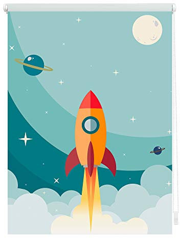 Lichtblick Klemmfix Verdunklungs-Rollo mit Motiv, ohne Bohren, Blickdicht, Seitenzugrollo, Made in Germany, Rakete - Blau 60 x 150 cm (B x L)