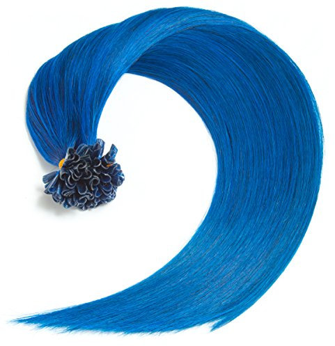 Blaue Keratin Bonding Extensions 100% Remy Echthaar Human Hair - 50x 1g 45cm Glatte Strähnen - Lange Haare mit Keratin Bondings U-Tip Haarverlängerung Haarverdichtung-Farbe:Blau