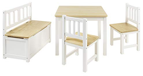 Bomi Kindersitzgruppe Anna mit integrierter Spielzeugkiste | Kinderzimmer-Set inkl. Kindertisch mit 2 Stühlen & Kindertruhenbank | Kindermöbel aus FSC nachhaltigem Kiefer Massiv Holz | Weiß Natur