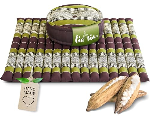 livasia Meditationsset XL - Ø 38x15cm / Matte 75x75x4,5cm - Yogaset mit Kissen und Matte, Pouf, Yogamatte und Yogakissen mit Kapok handgefertigt, Bodenkissen Outdoor, Zafukissen (Braun/Grün)