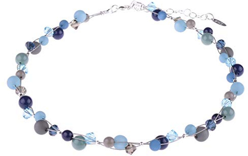 Adi-Modeschmuck Zarte geflochtene Damenkette Heidi, Polaris-, Acryl und Glasperlen, verflochten auf 3 nylonummantelten Stahlfäden, handgefertigt in Berlin (Dunkle Blau- und Grautöne)