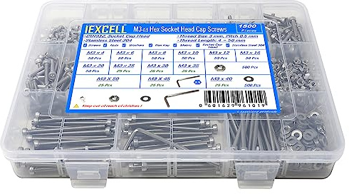 iexcell 1500 Pcs Metric M3 x 4/6/8/10/12/16/20/25/30/35/40/45/50 Stainless Steel 304 Hex Socket Head Cap Screws Blots Nuts Washers Assortment Kit