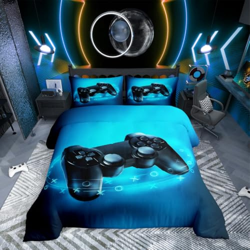 Homewish Gaming Gamer Bettwäsche Jungen 135x200 Blau Gamepad Videospiel Bettwäsche Kinder Jungs Jugendliche,Moderne Gaming Controller Bettbezug Spieler Joystick Bettset Schlafzimmer Dekor Mikrofaser