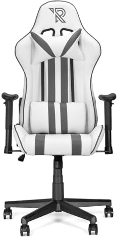 Ranqer Felix Original Gaming Stuhl Ergonomisch mit Verstellbarer Rückenlehne, 2D Armlehnen, Lenden- & Nackenkissen, Hohe Rückenlehne, Kunstleder, Robustes Stahlgestell, Für Große Personen, Weiß/Grau
