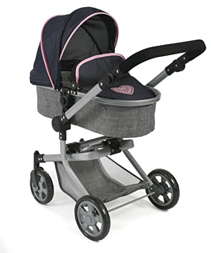 Bayer Chic 2000® 2in1 Puppenwagen Mika – Melange Grau Navy – faltbar – höhenverstellbarer Griff 47-80 cm – modernes Gestell – Puppen bis 52 cm – 4-8 J.