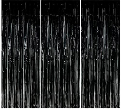 3 STK Schwarze Folien Vorhänge, 1 x 2.5 m Lametta Vorhang Hintergrund, Selbstklebender Metallische Lametta Vorhänge, Wand Glitzer Vorhang Deko Für Geburtstag,Hochzeit,Party,Tür,Fenster, Deko (Schwarz)