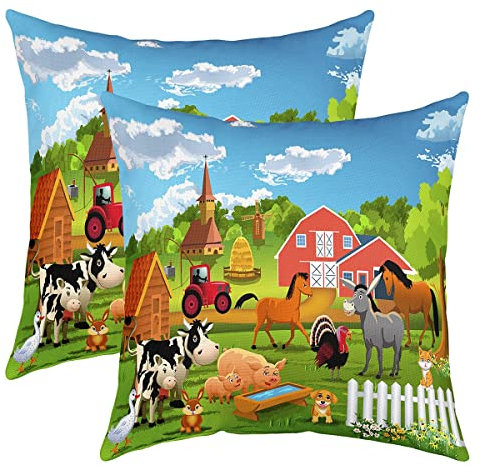 Juego de 2 fundas de almohada de vaca lechera de 16 x 16 pulgadas, fundas de almohada decorativas para decoración del hogar, tractor, animales de granja, amarillo, verde, granja, guardería, sofá al a
