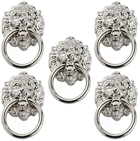 EdirFtra Löwenkopf Tür Klopfen, 5pcs Haustür Klopfen, 90x53mm Silber Zink Legierung ziehen Löwenkopf Ringe, klassischer antiker Löwe für Schrank Schublade Tür Barhocker