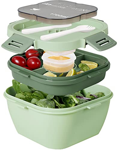 Greentainer Fiambrera 1700ml 3 Compartimentos Extraíbles, Tenedor + Aderezo 2.5oz, Antifugas, Sin BPA, Apta Microondas (Sin Tapa), para Trabajo, Picnic, Viaje(Verde 1700ml)
