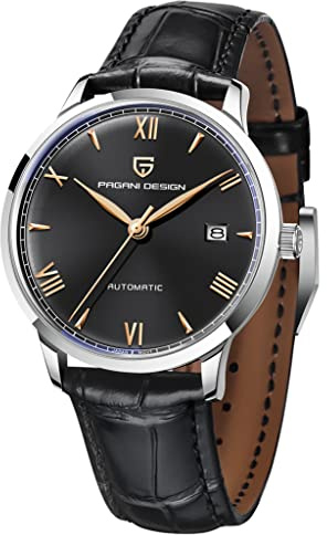 Pagani Design 1759 Herren-Automatikuhr, modisch, selbstaufziehend, Lederarmband, 100 m wasserdicht, lässiger Stil, Schwarz , Armband