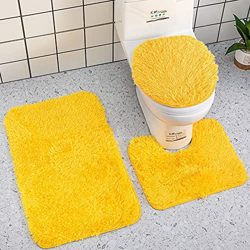 Reyox Set Tappeti Bagno 3 Pezzi in Pelo Lungo, Tappetini Bagno Antiscivolo Assorbente, 1 Tappeto Rettangolare, 1 Tappetino per WC a Forma di U e Coperchio del WC giallo 3 Pz