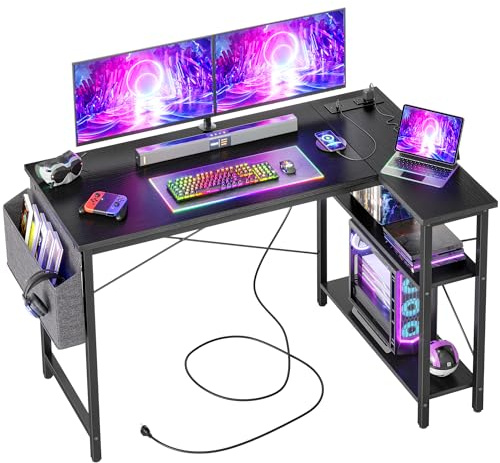 BEXEVUE Escritorio de Esquina con Regleta Enchufes - 120x70 cm Mesa de Ordenador en Forma L, Estantes de Almacenamiento, Oficina Esquina Reversible Desk para Estudio Trabajo Dormitorio Hogar Negro